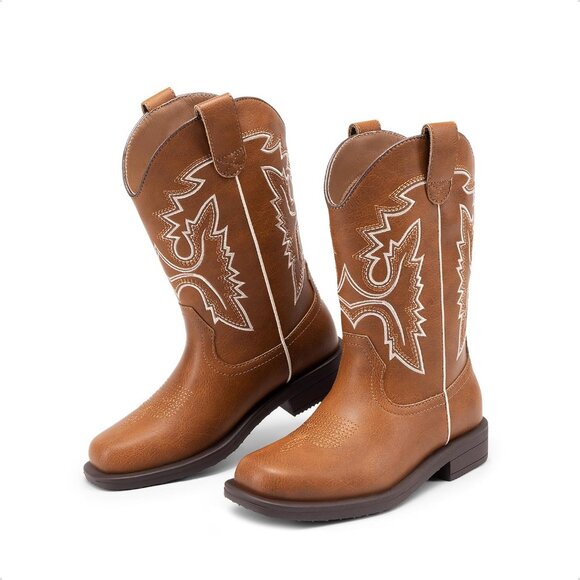 ⚡Girls Brown Cowboy Boots Toddler Mid Calf Western Square Toe Riding Boot - Picture 5 of 6